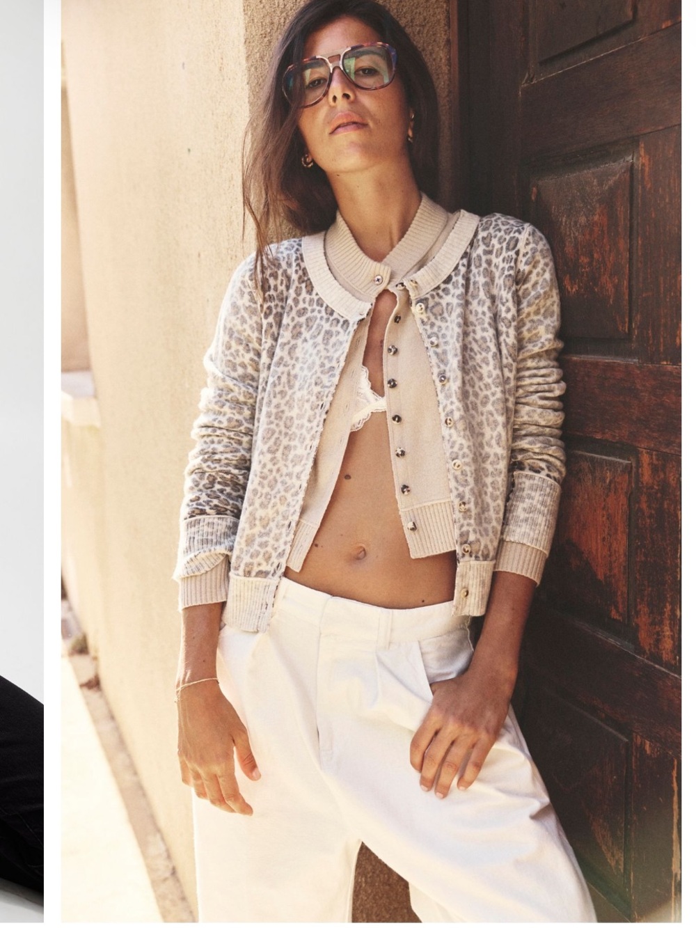 Free People Leopard Print Crewneck Cardigan Sweater in Taupe